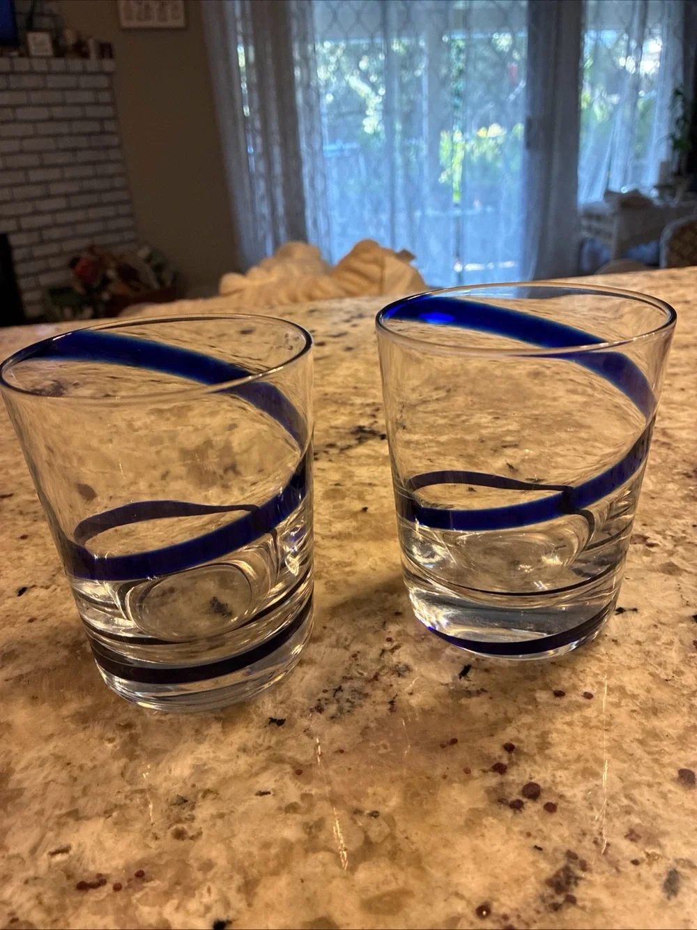 Pier 1 Clear Handblown double old fashion glasses Cobalt Blue Band - Set of 2
